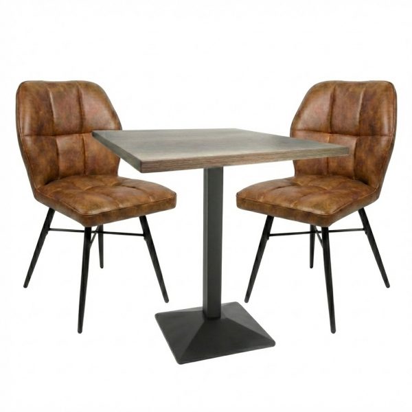 Table intérieur OXFORD 60x60 cm pied IRON BLACK avec 2 chaises BOLTON Marron