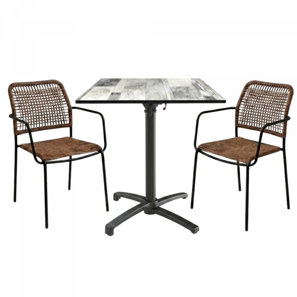 Table extérieure WHITE DREAM 69x69 cm pied T-ONE pliable avec 2 fauteuils SOLEA