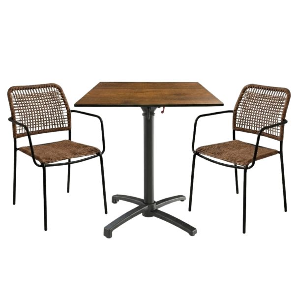 Table extérieure JURA 59x59 cm pied T-ONE pliable avec 2 fauteuils SOLEA