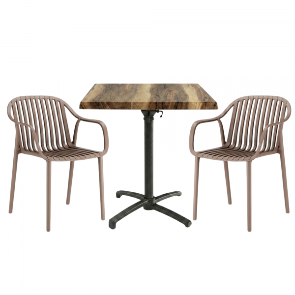 Table extérieure INDIANA 60x60 cm pied T-ONE pliable avec 2 fauteuils SALOU