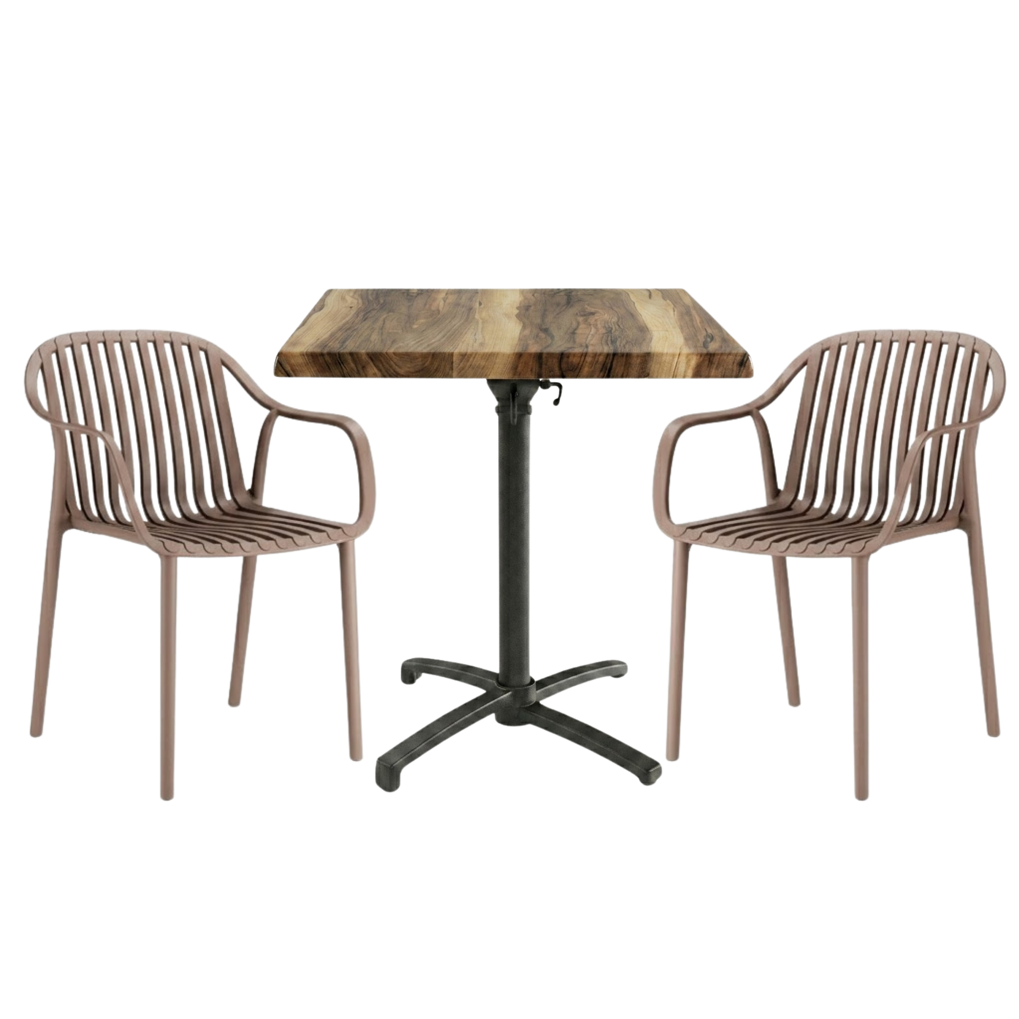 Table extérieure INDIANA 60x60 cm pied T-ONE pliable avec 2 fauteuils SALOU