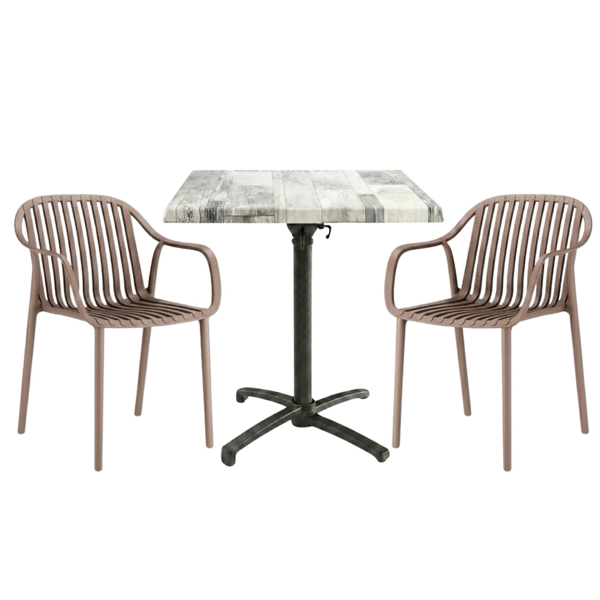 Table extérieure WHITE DREAM 60x60 cm pied T-ONE pliable avec 2 fauteuils SALOU