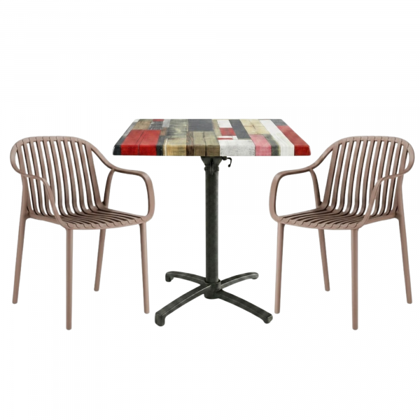 Table extérieure RED STREET 70x70 cm pied T-ONE pliable avec 2 fauteuils SALOU
