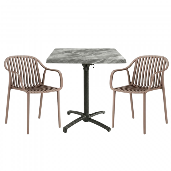Table extérieure MARBRE 60x60 cm pied T-ONE pliable avec 2 fauteuils SALOU