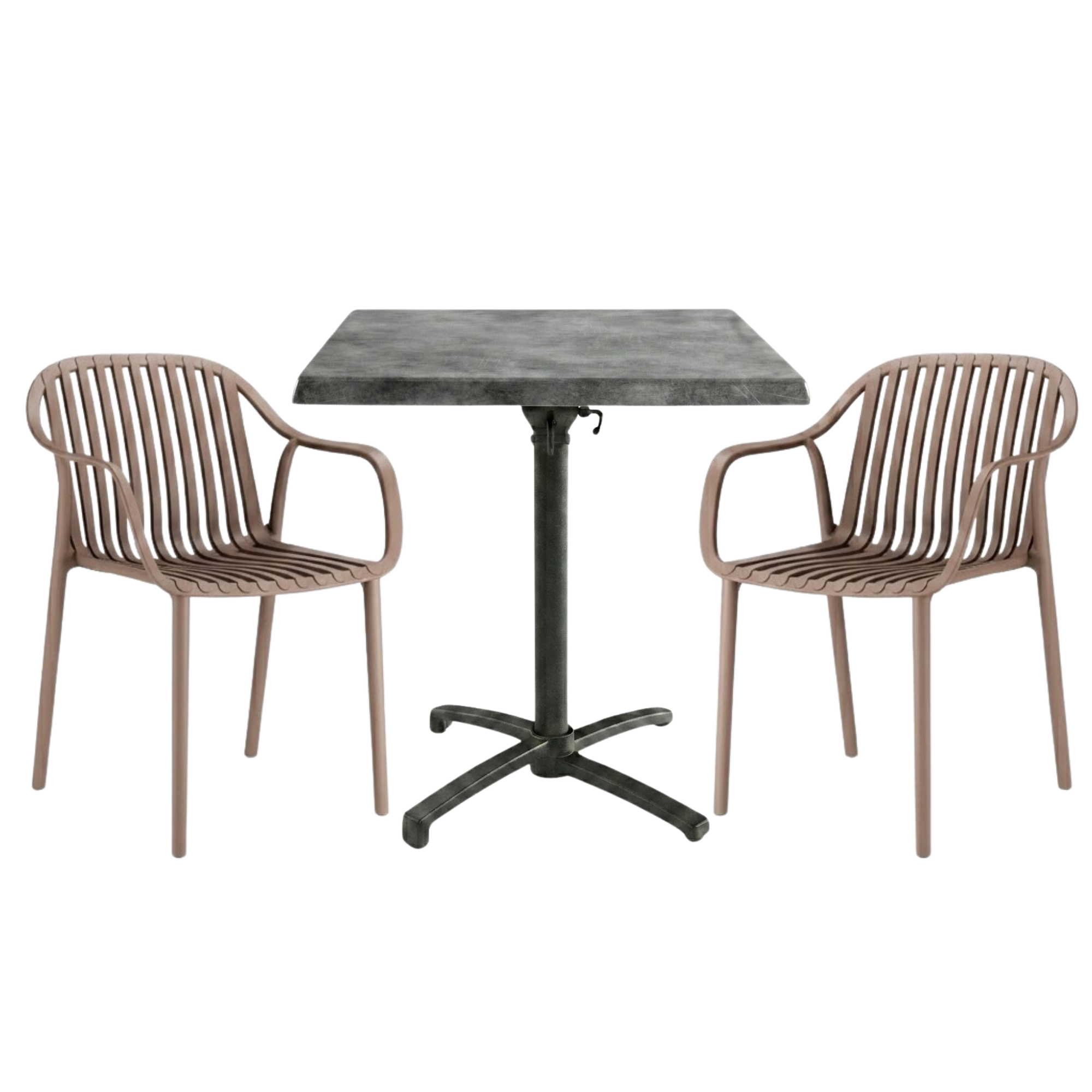 Table extérieure COPPER 60x60 cm pied T-ONE pliable avec 2 fauteuils SALOU