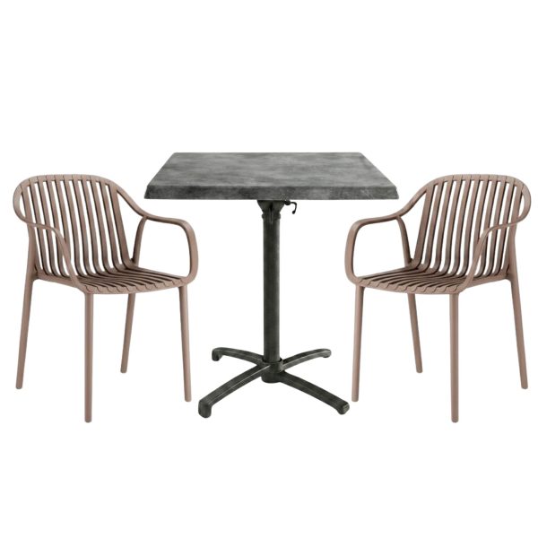 Table extérieure COPPER 60x60 cm pied T-ONE pliable avec 2 fauteuils SALOU