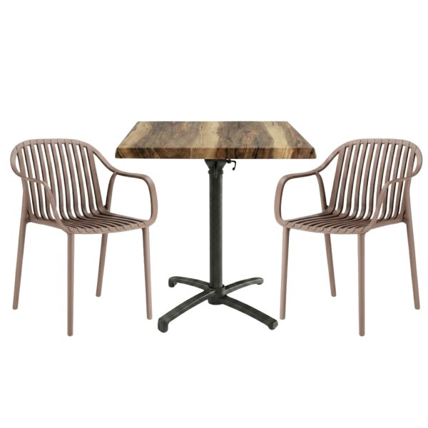 Table extérieure INDIANA 60x60 cm pied T-ONE pliable avec 2 fauteuils SALOU