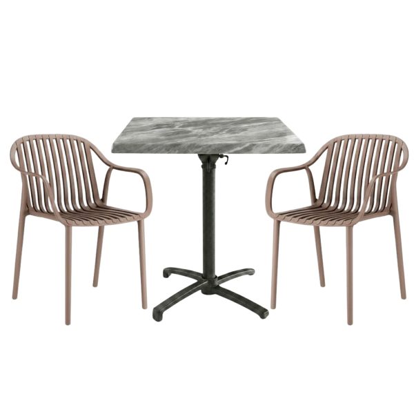 Table extérieure MARBRE 60x60 cm pied T-ONE pliable avec 2 fauteuils SALOU