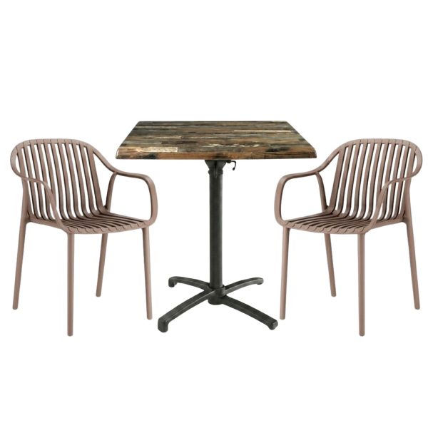 Table extérieure NEW CARRIBEAN 60x60 cm pied T-ONE pliable avec 2 fauteuils SALOU