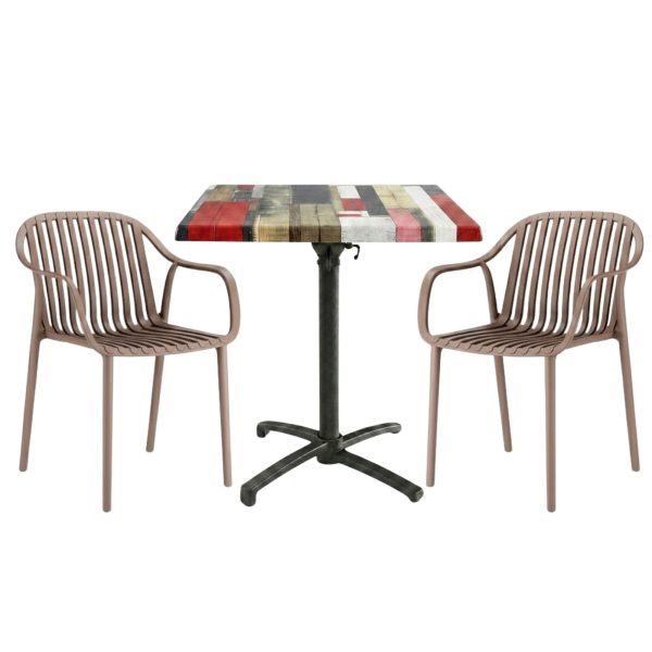 Table extérieure RED STREET 70x70 cm pied T-ONE pliable avec 2 fauteuils SALOU