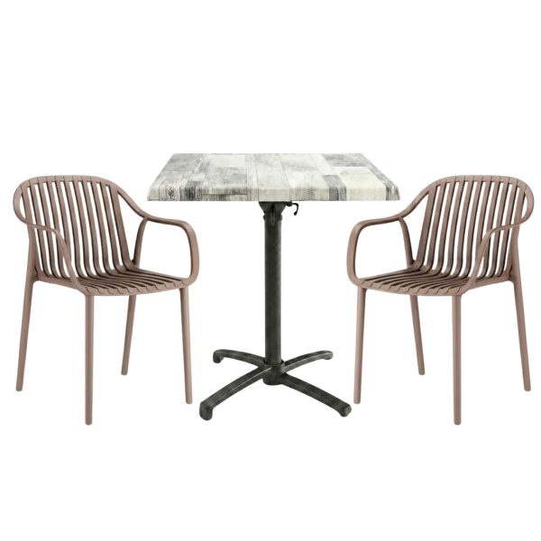Table extérieure WHITE DREAM 60x60 cm pied T-ONE pliable avec 2 fauteuils SALOU