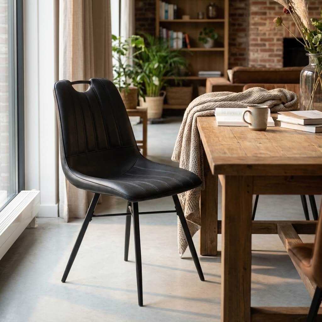 Chaise RENO Noir en simili cuir style vintage pour intérieur