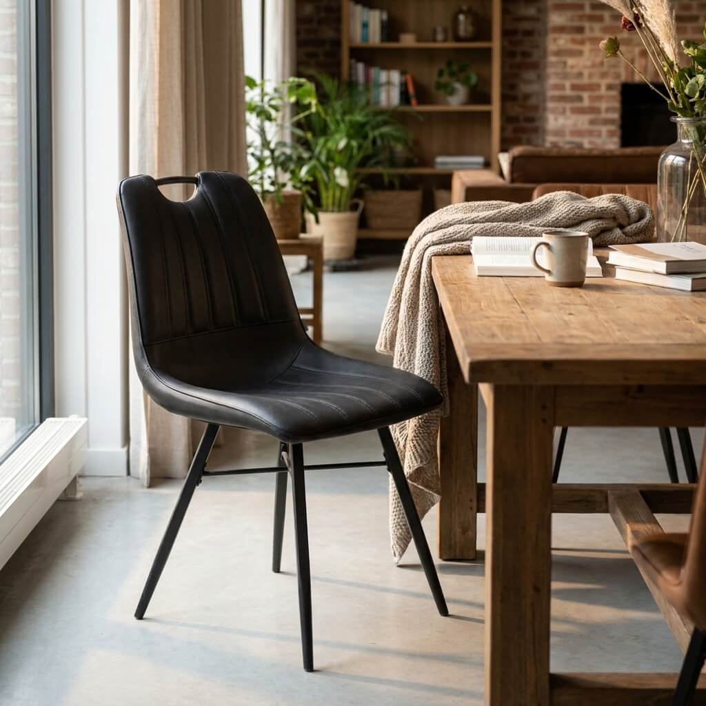Chaise RENO noire en simili cuir avec dossier et assise capitonnés, piétement métallique noir, décor intérieur au style vintage.