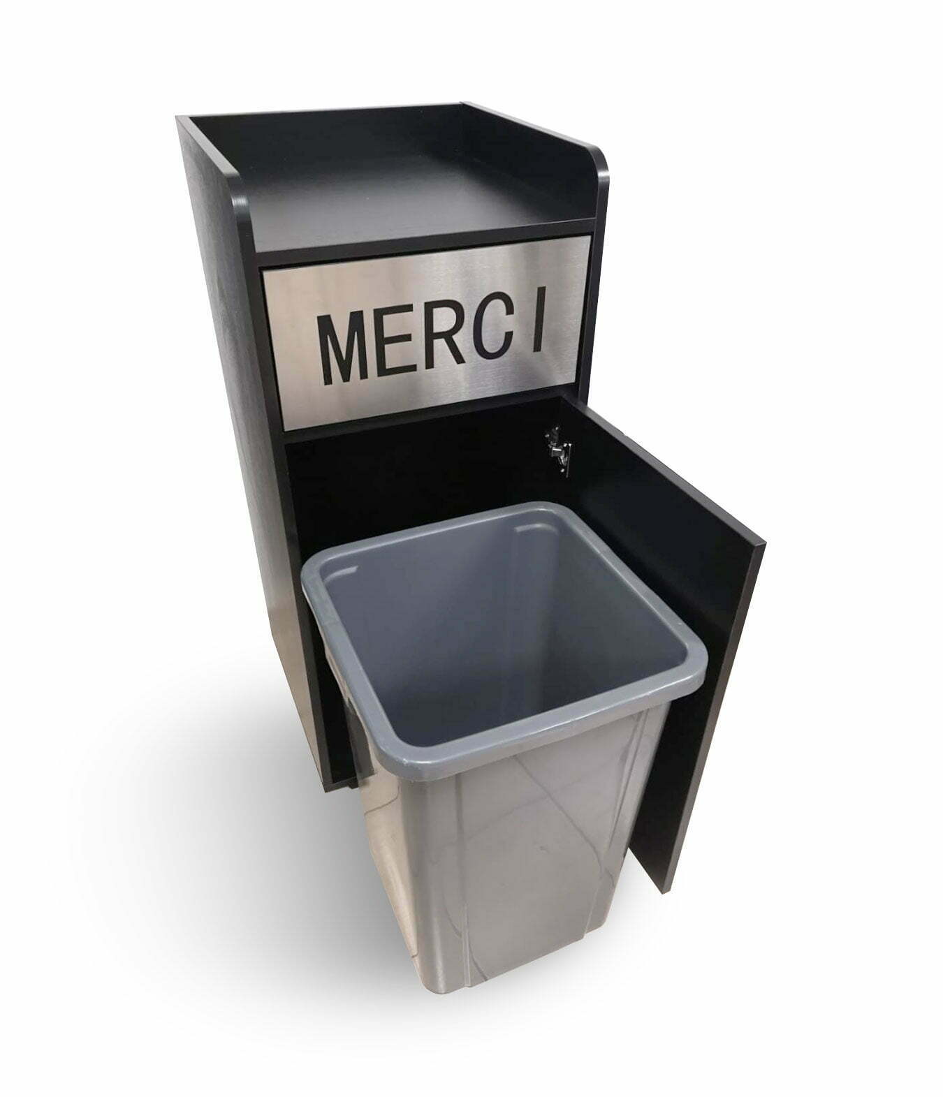 Equipement POUBELLE snack "Merci" avec bac style moderne pour intérieur